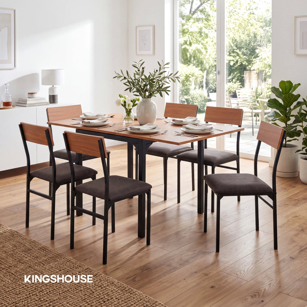 Comedor Mesa Extensible Rectangular 6 Sillas Madera Moderno