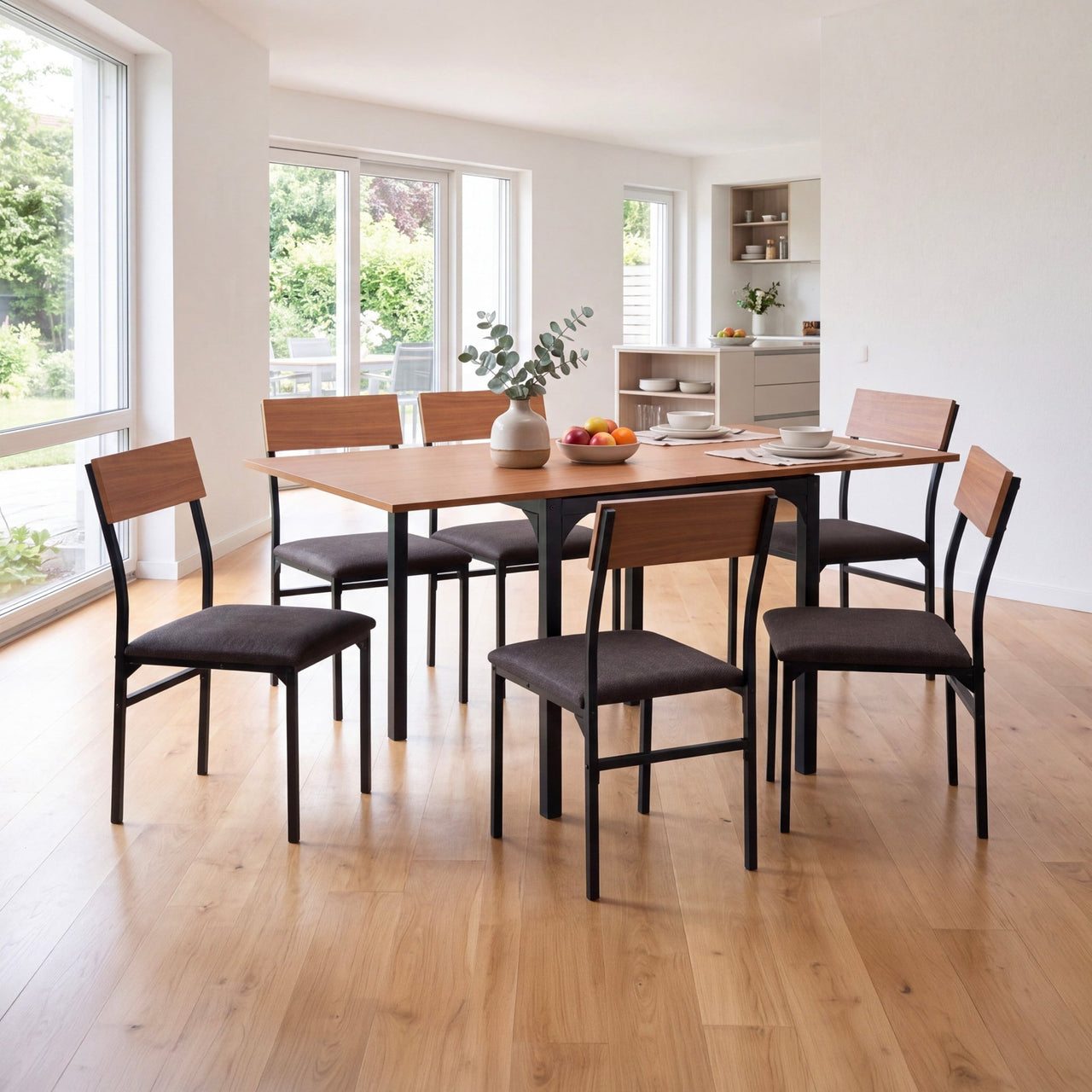 Comedor Mesa Extensible Rectangular 6 Sillas Madera Moderno