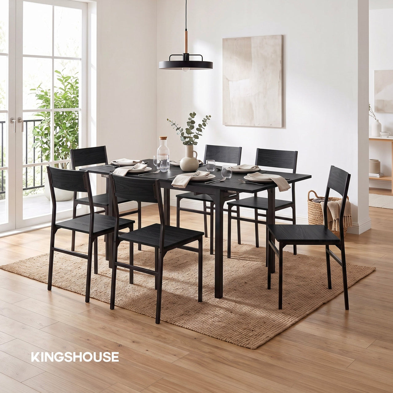 Comedor Mesa Extensible Rectangular 6 Sillas Madera y Metal
