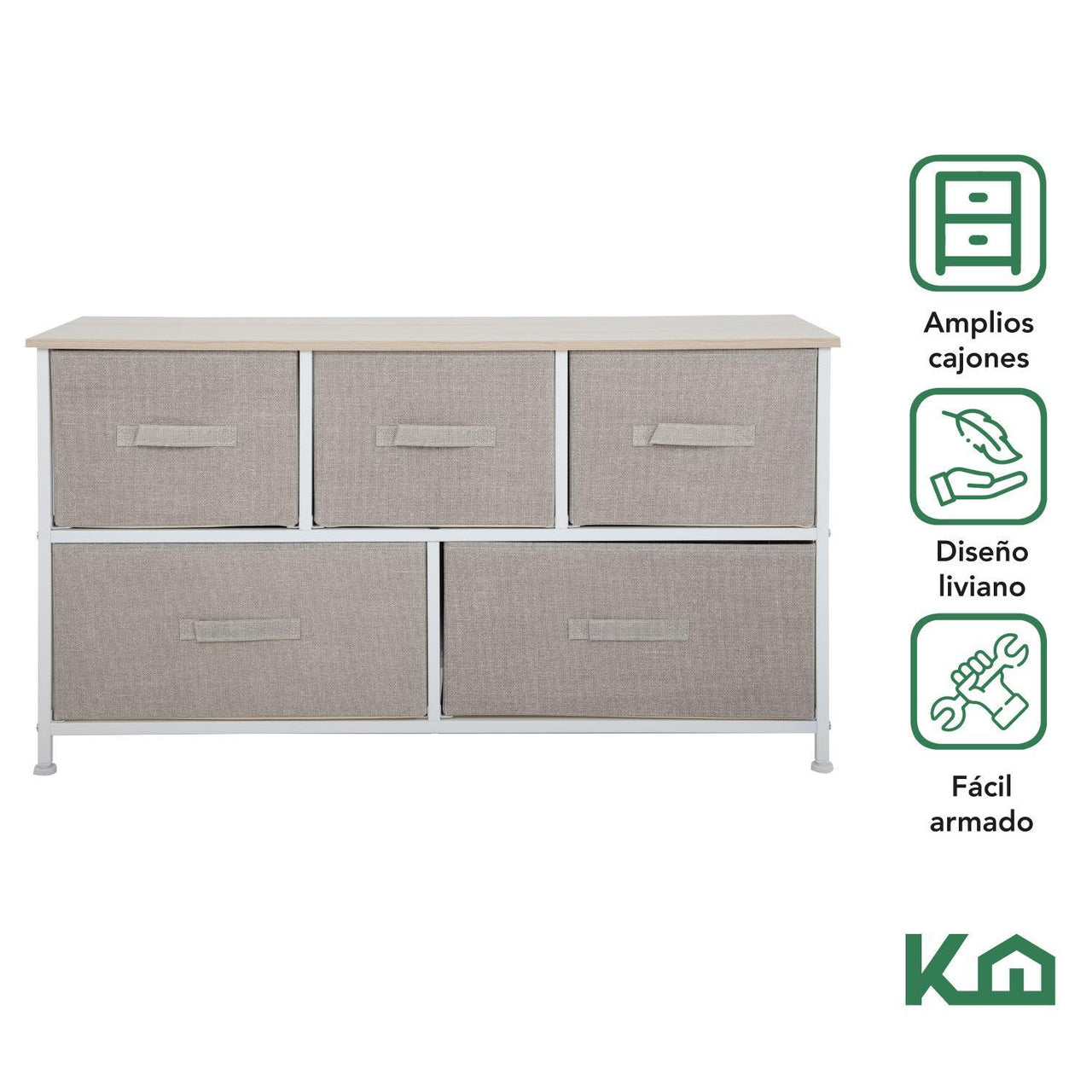 Comoda Cajonera de 5 Cajones Mueble Organizador Tela Madera