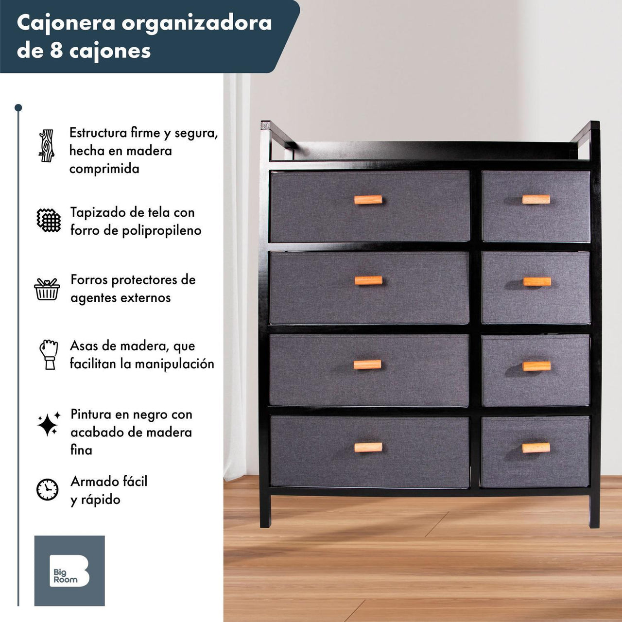 Comoda Cajonera Madera 8 Cajones De Tela Mueble Organizador