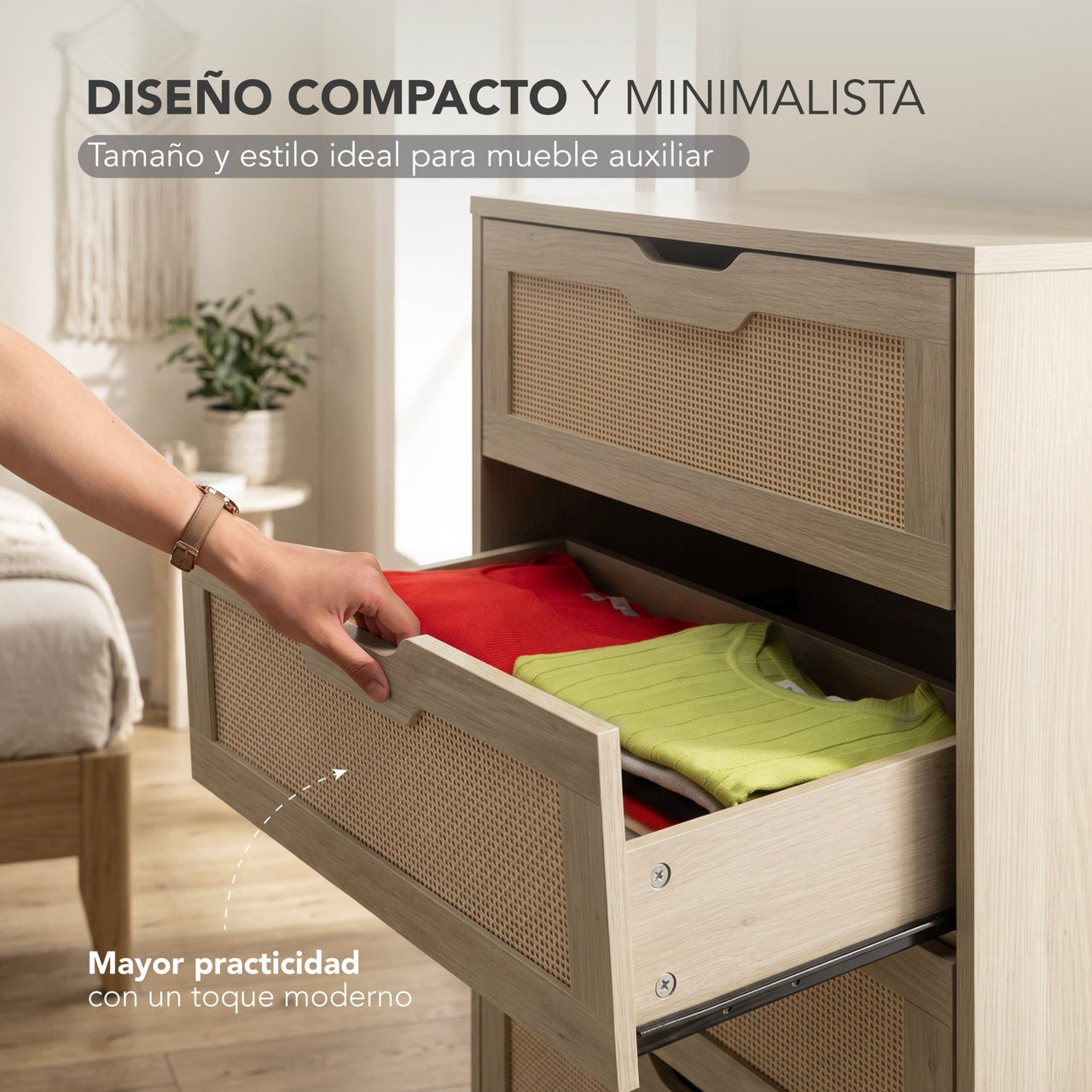 Cómoda Cajonera Moderna con 5 Cajones de Madera y Ratán