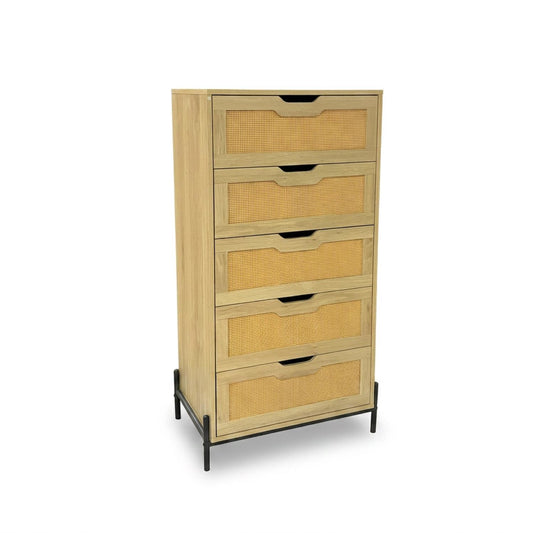 Cómoda Cajonera Moderna con 5 Cajones de Madera y RatánSH5RATN-MAD