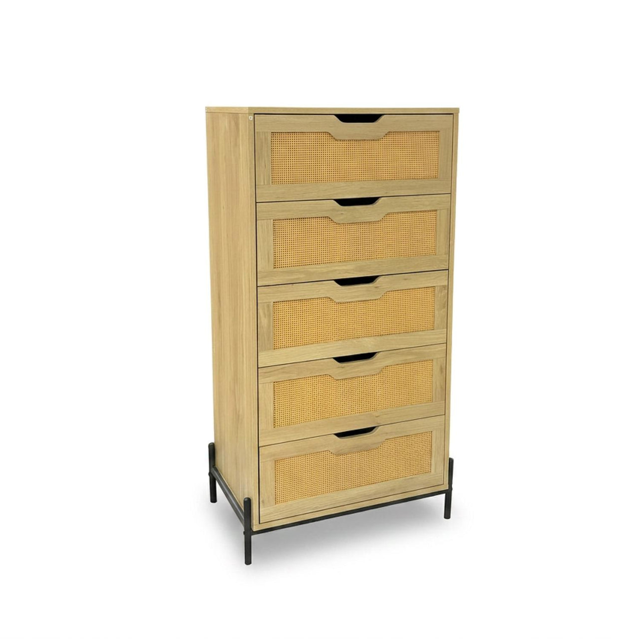 Cómoda Cajonera Moderna con 5 Cajones de Madera y Ratán