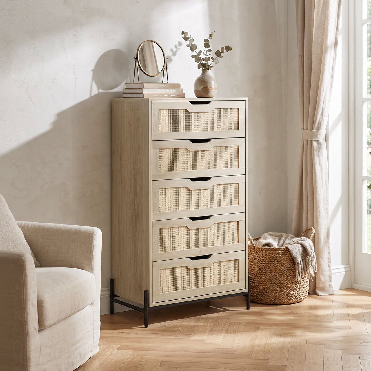 Cómoda Cajonera Moderna con 5 Cajones de Madera y Ratán