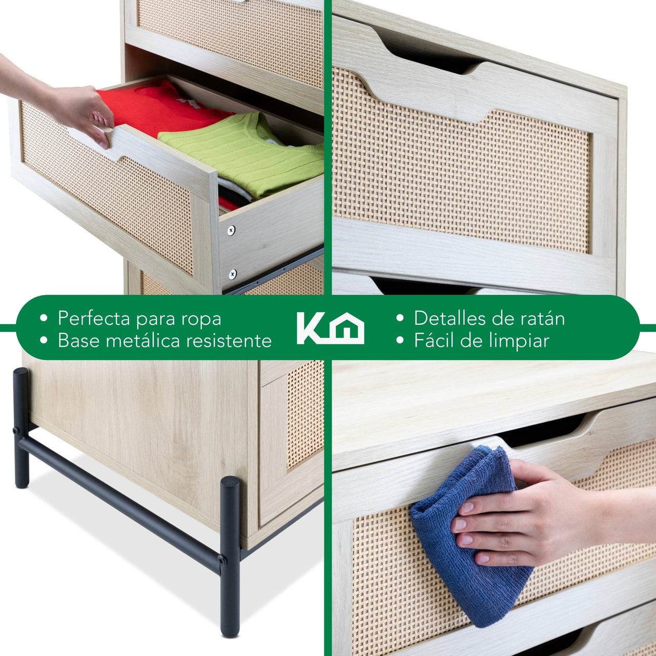 Cómoda Cajonera Moderna con 5 Cajones de Madera y Ratán