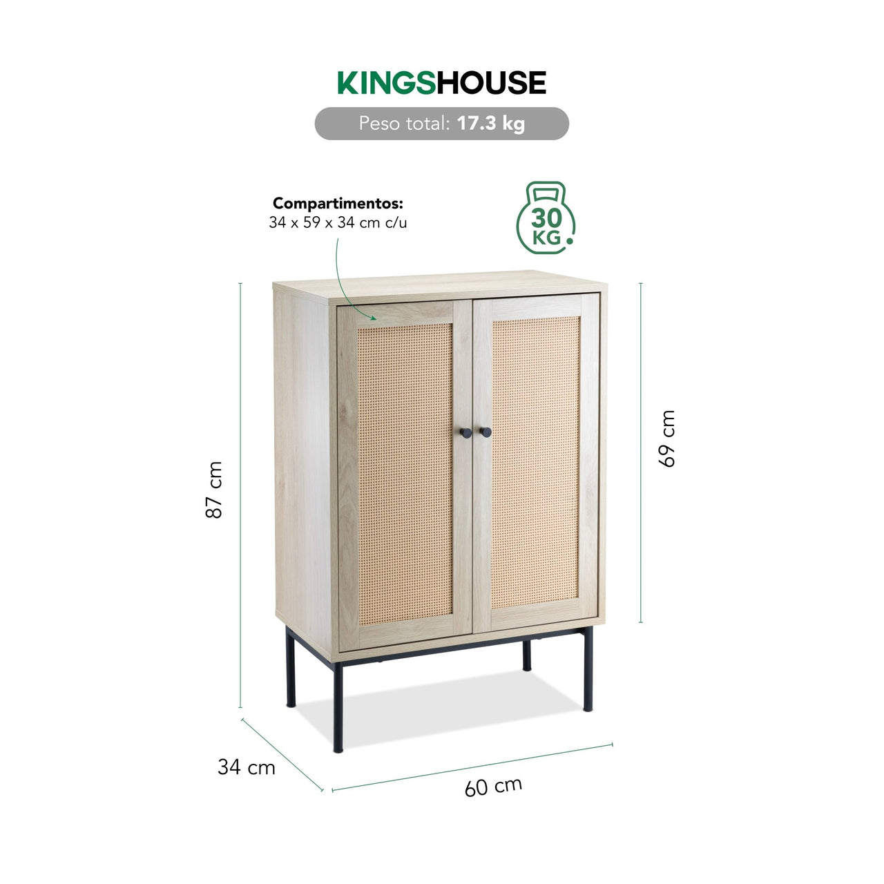 Credenza Bufetera Aparador 2 Puertas Moderna Madera y Metal