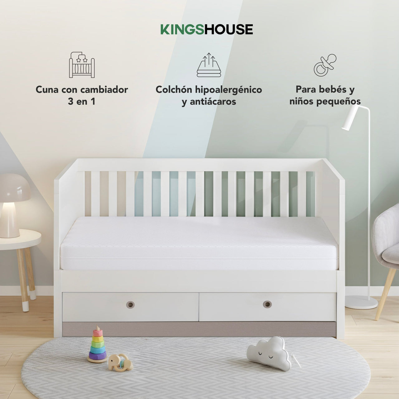 Cuna Colecho 3 en 1 de Madera con Colchón Infantil 1.20 x 60