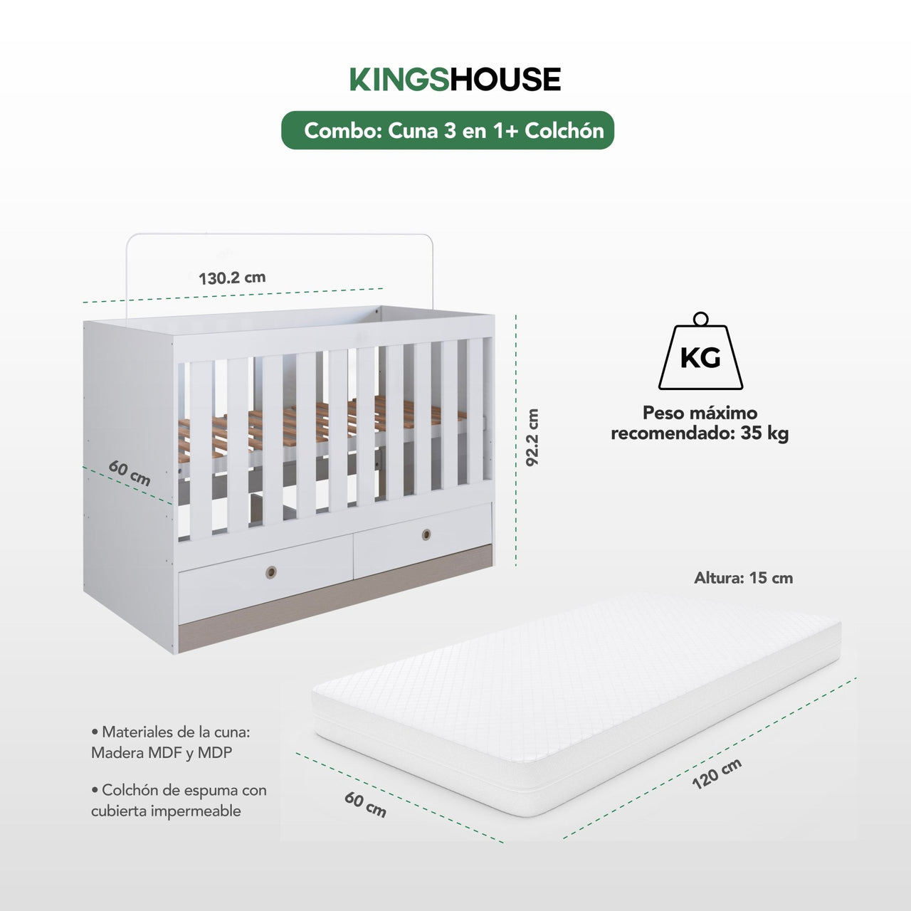 Cuna Colecho 3 en 1 de Madera con Colchón Infantil 1.20 x 60