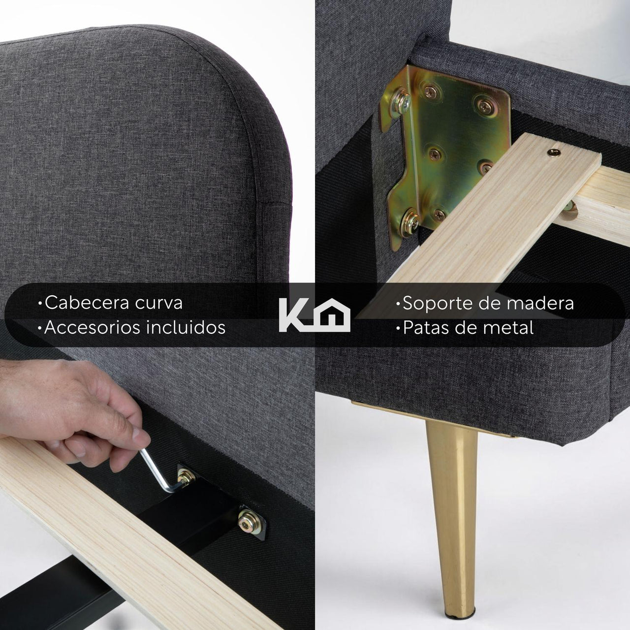 Base Cama Matrimonial Con Cabecera Tapizada Box Metal Madera