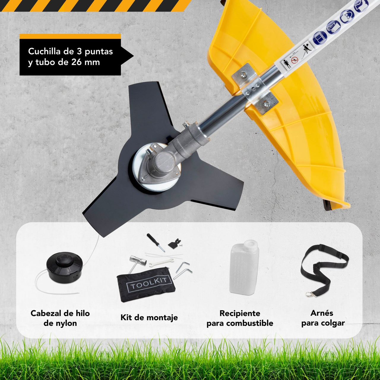 Desbrozadora Desmalezadora 52cc Motor 2 tiempos 2.5 HP + Carrete Hilo Amarillo KIND5200 Kingsman