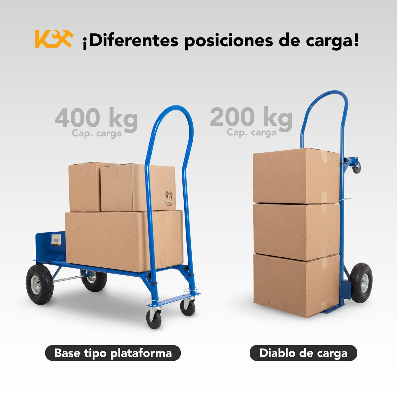Diablito Carga Plataforma Rueda Neumatica 200/400 kg Acero