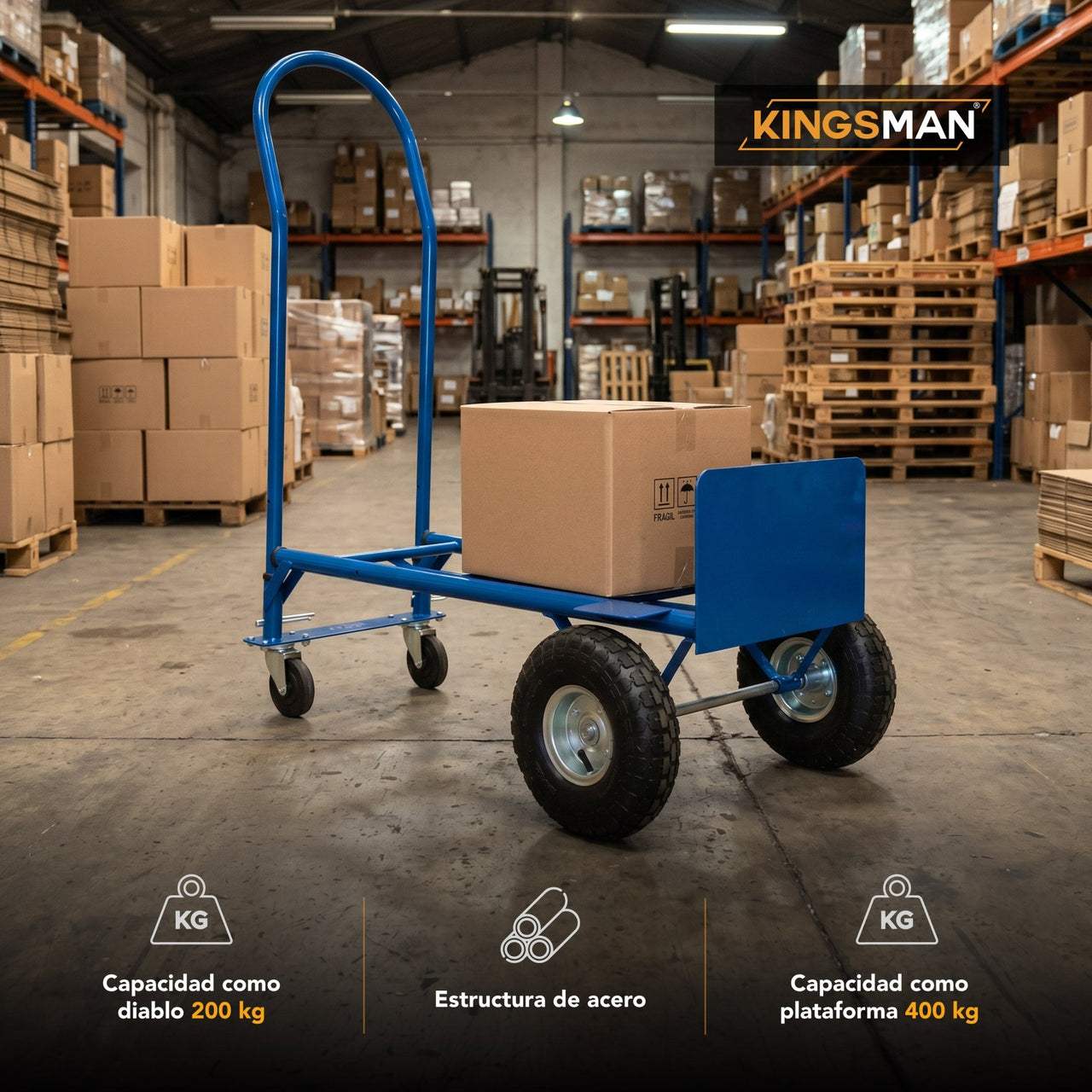 Diablito Carga Plataforma Rueda Neumatica 200/400 kg Acero