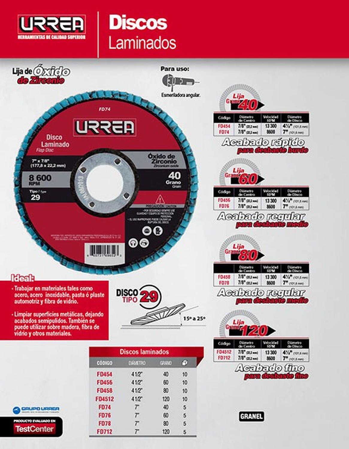 Disco Laminado 4-1/2 grano 40 Fd454 Urrea