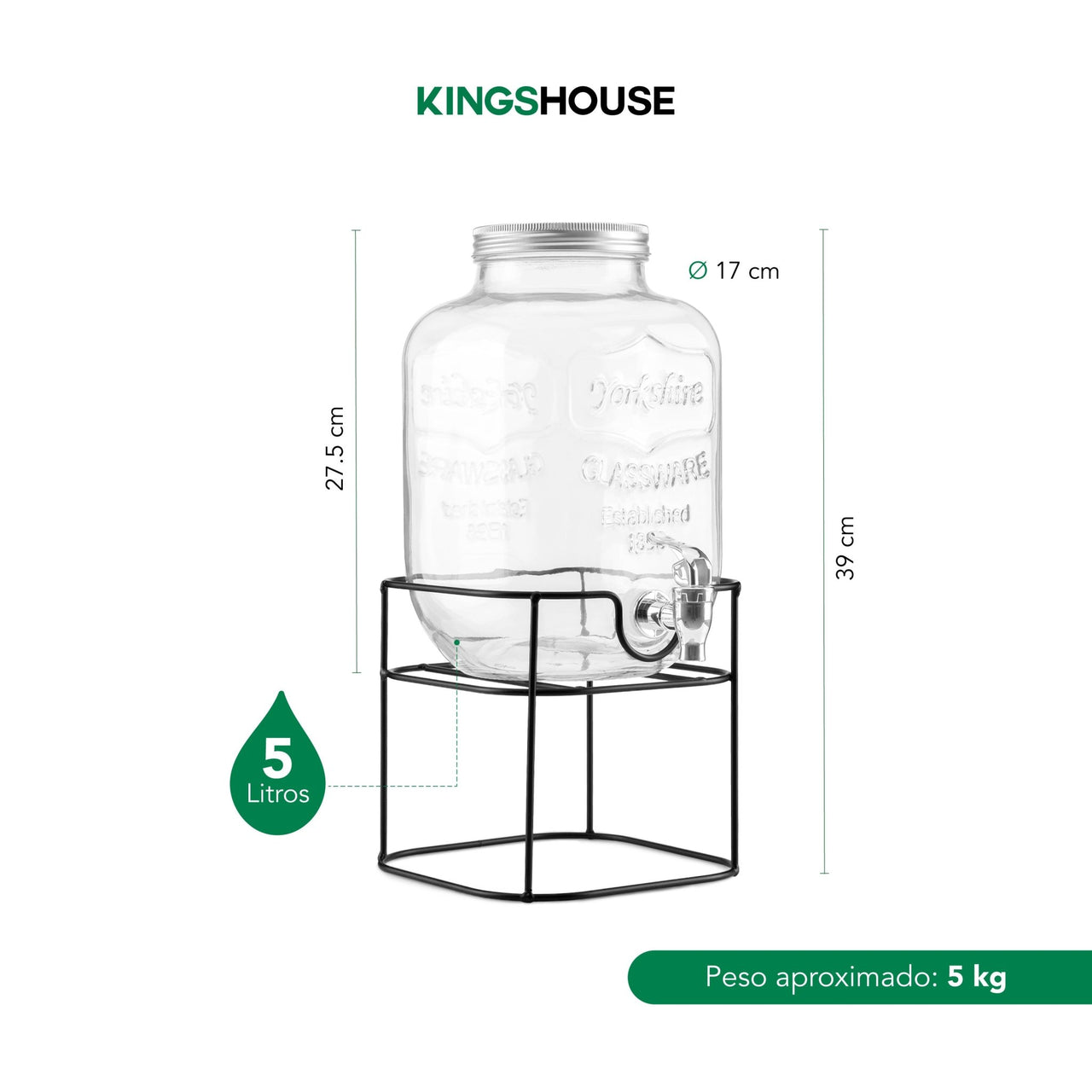 Vitrolero Dispensador de Agua 5L Tapa Hermética Base Metal