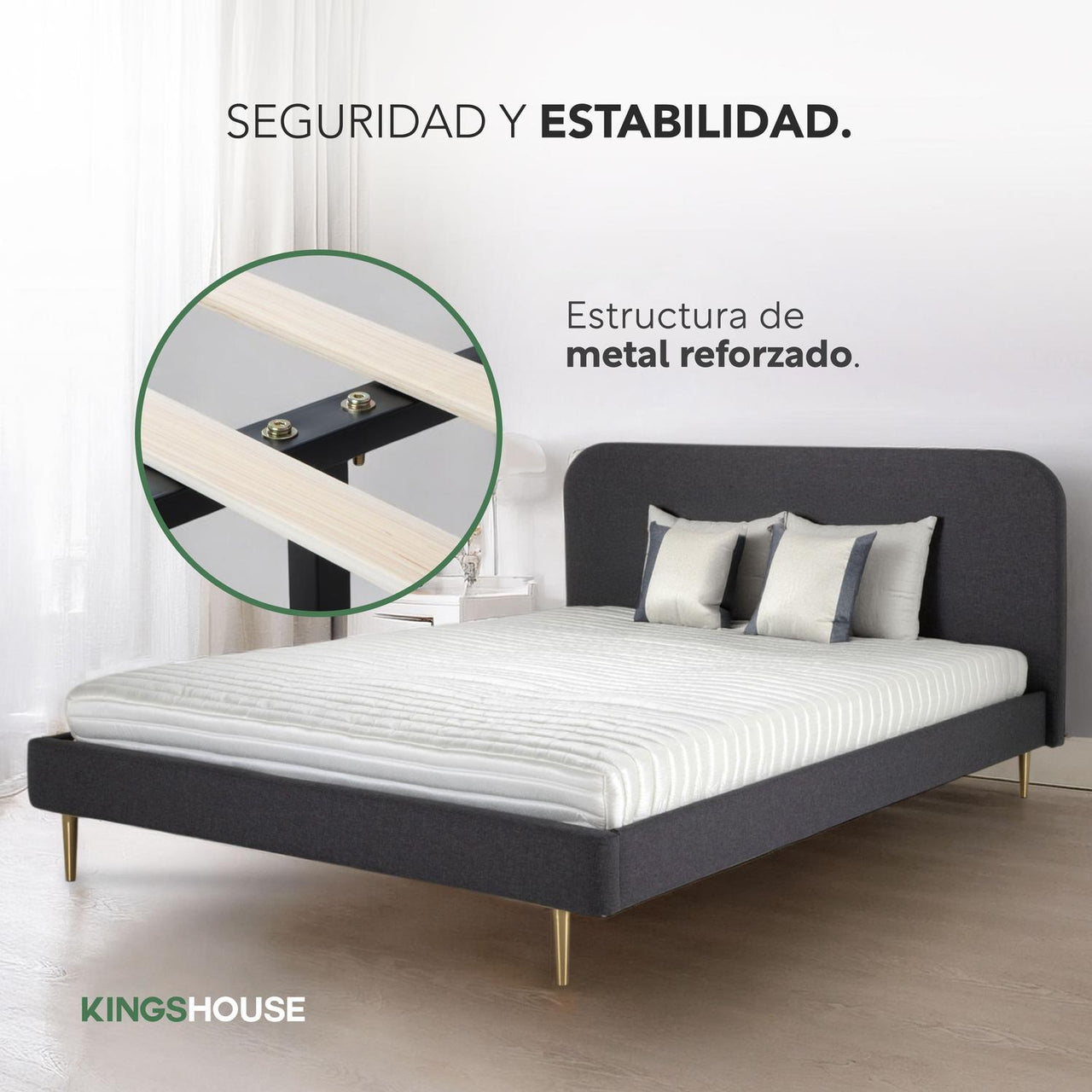 Base Cama Matrimonial Con Cabecera Tapizada Box Metal Madera