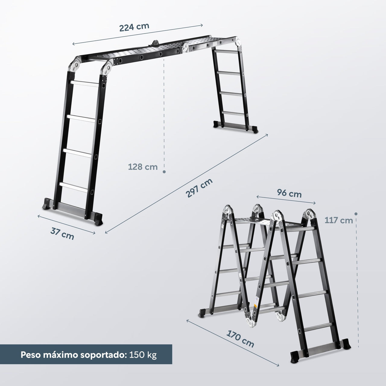 Escalera Multiposición 16 Peldaños de Acero 4.5 Metros
