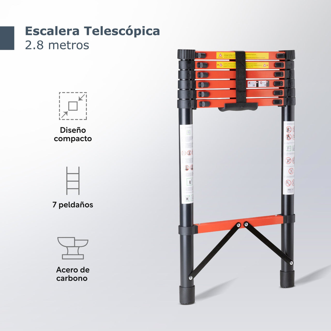 Escalera Telescópica Acero de Carbono 2.8 M 7 Peldaños