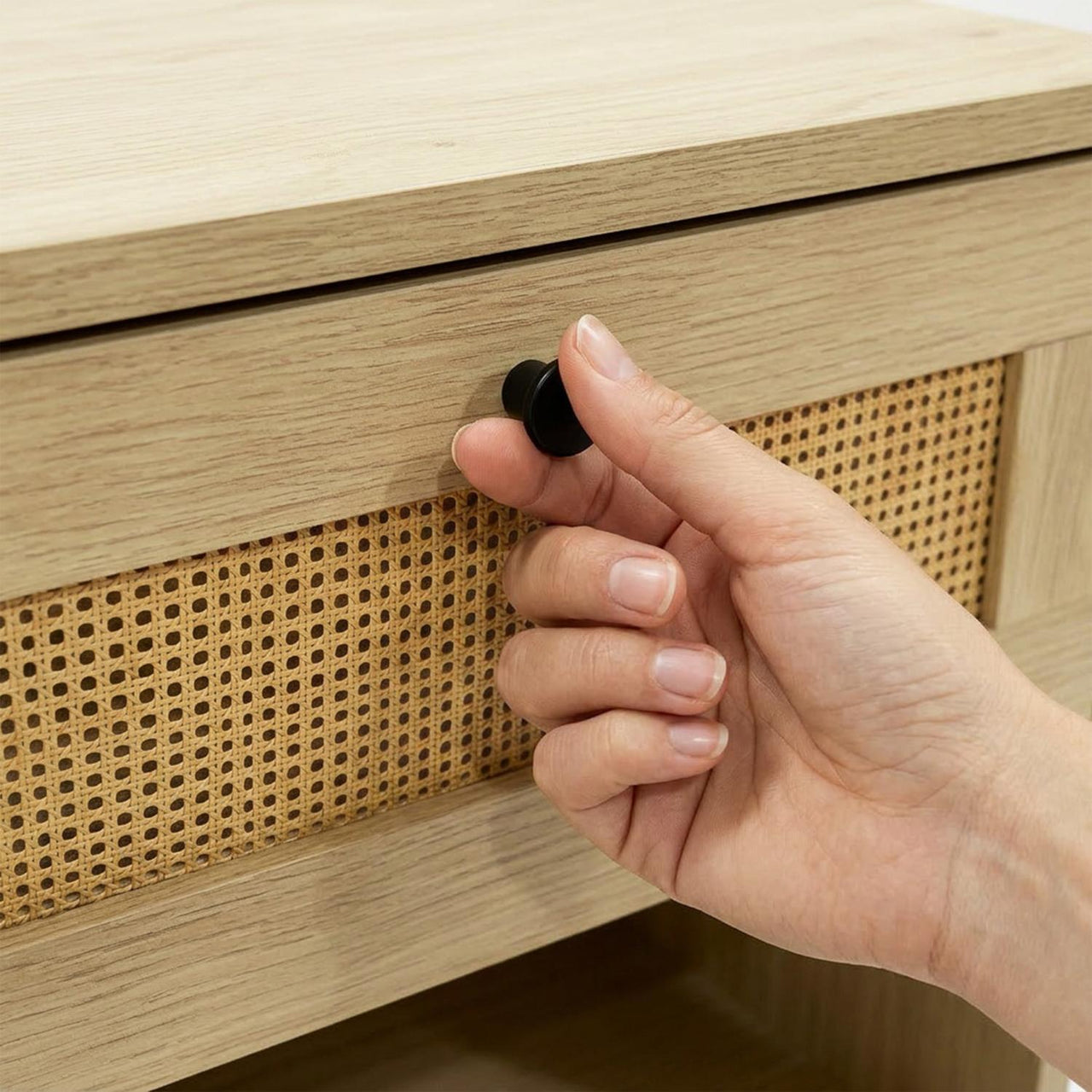 Buró Mesita de Noche 1 Cajón Minimalista Madera y Ratán