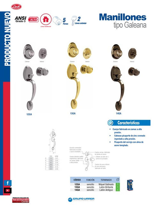 Gatillo Galeana Sencillo Níquel Satinado 12ga Lock12GA-LCK