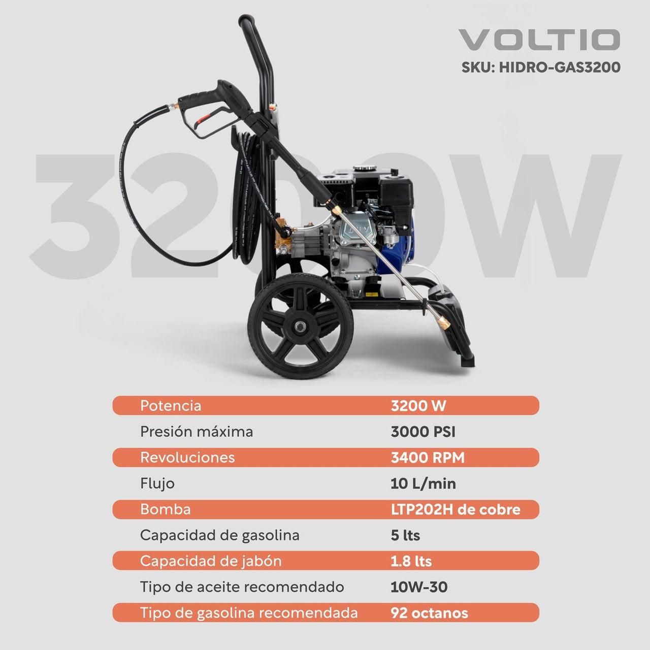 Hidrolavadora a Gasolina 3200 W Motor 7.0 Caballos de Fuerza