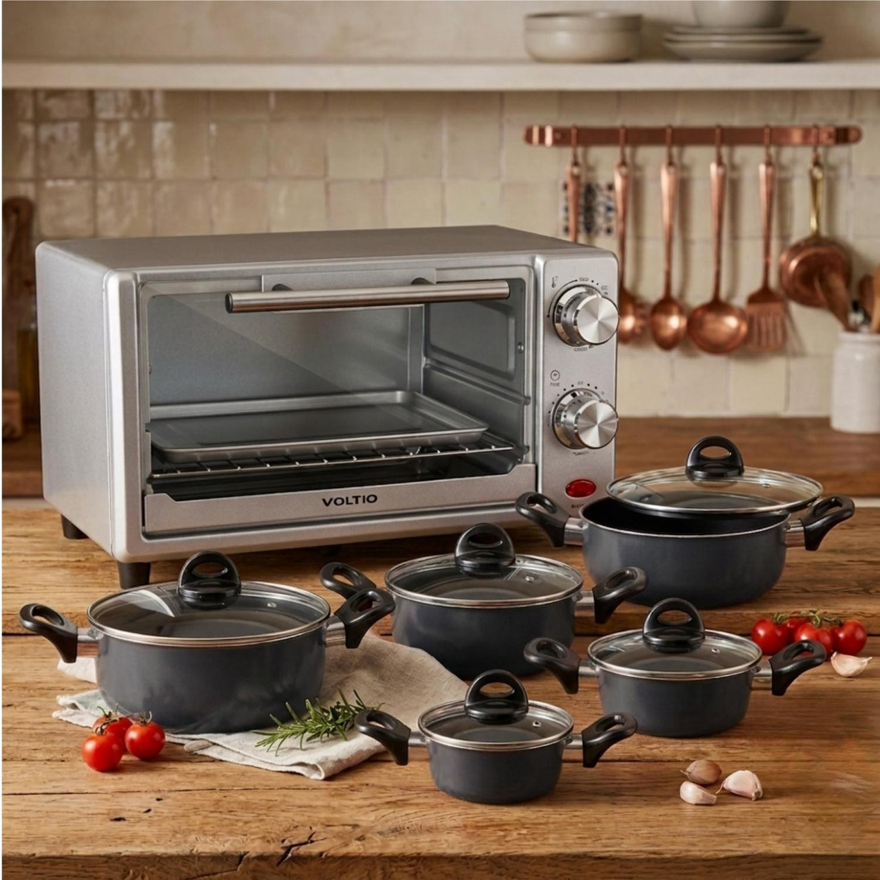 Horno Eléctrico 11L + Batería Cocina 10 Pzs Antiadherente