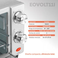 Thumbnail for Horno Eléctrico Tostador 11 Lt De Mesa 700 W Acero Inox