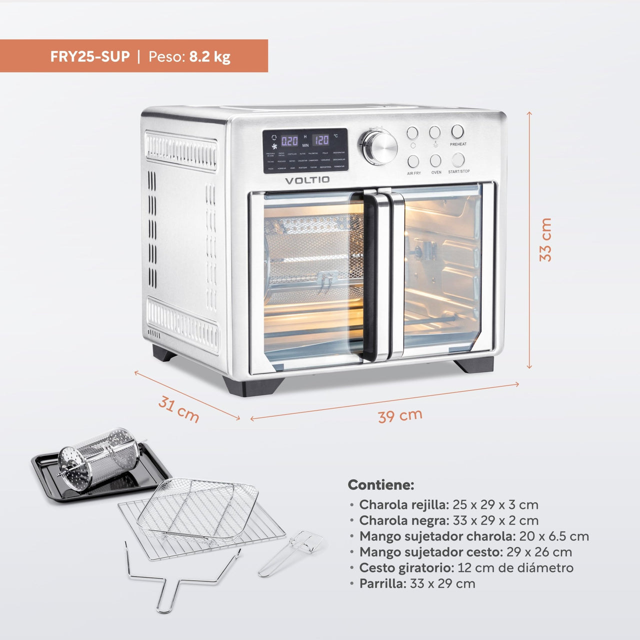 Horno Freidora de Aire 25L Rostizador Puerta Francesa