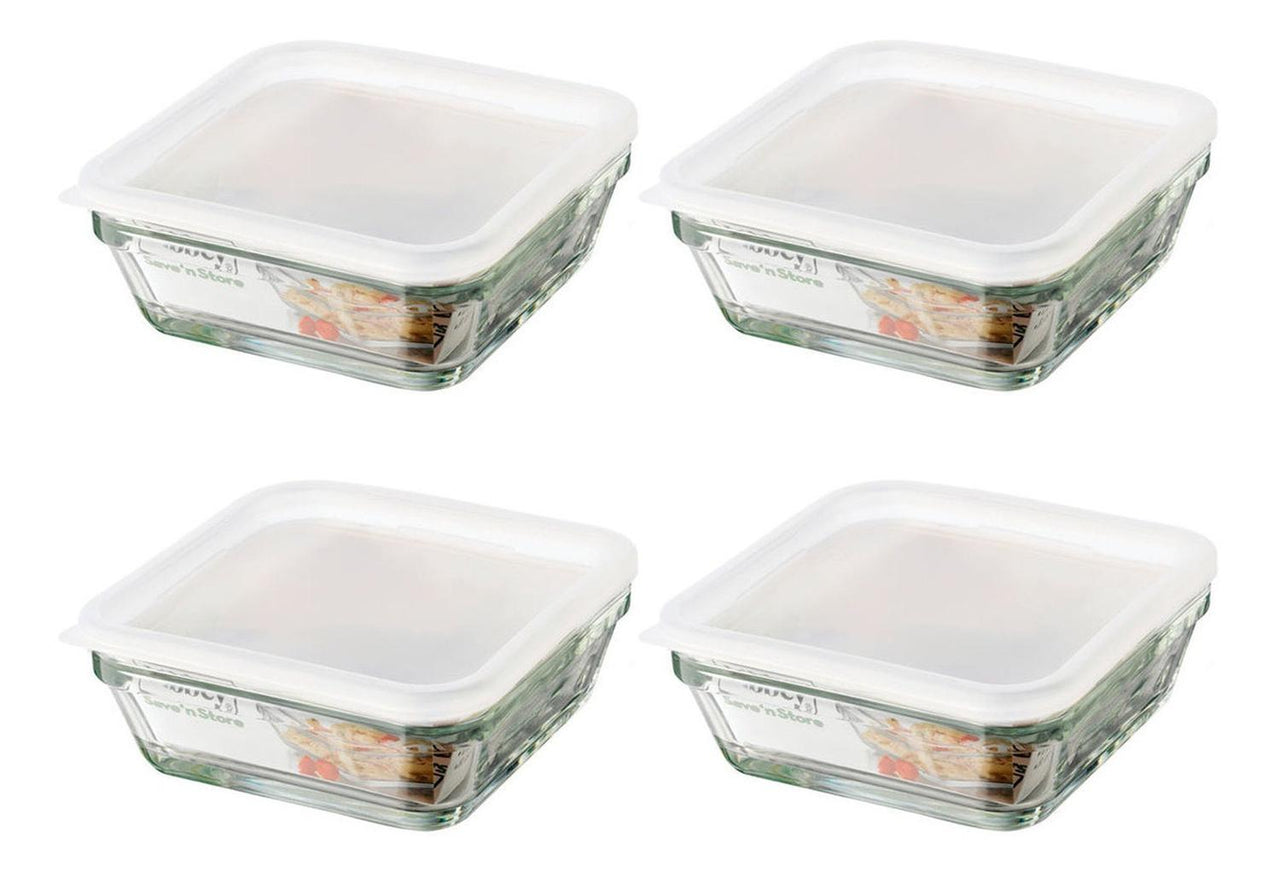 Juego 4 Tazones Vidrio Cuadrados Bowl Ensaladera Tapa Libbey
