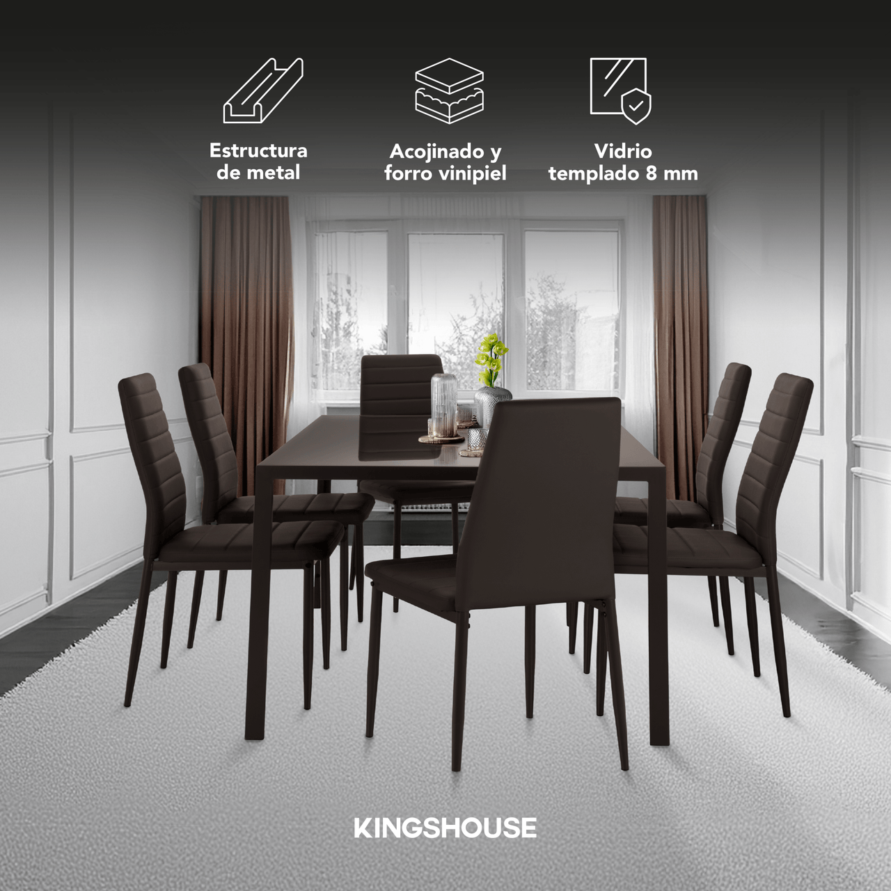 Juego De Comedor 6 Sillas y Mesa De Vidrio Templado Moderno