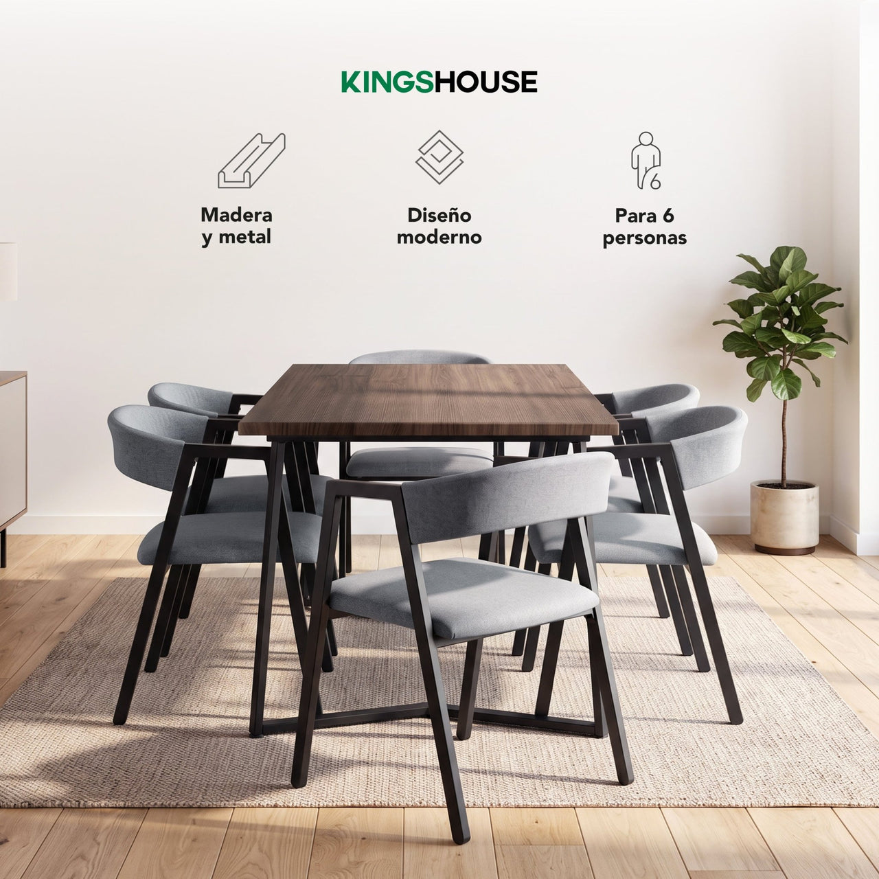 Juego de Comedor 6 Sillas y Mesa Rectangular Madera Metal