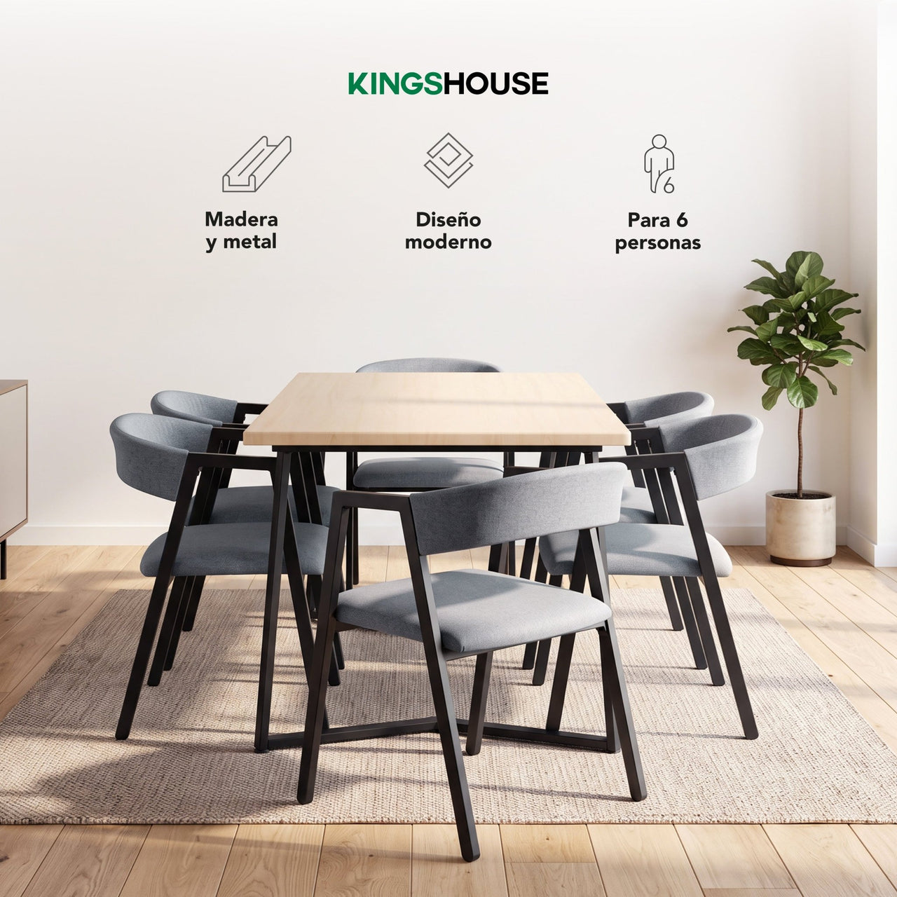 Juego de Comedor 6 Sillas y Mesa Rectangular Madera Metal