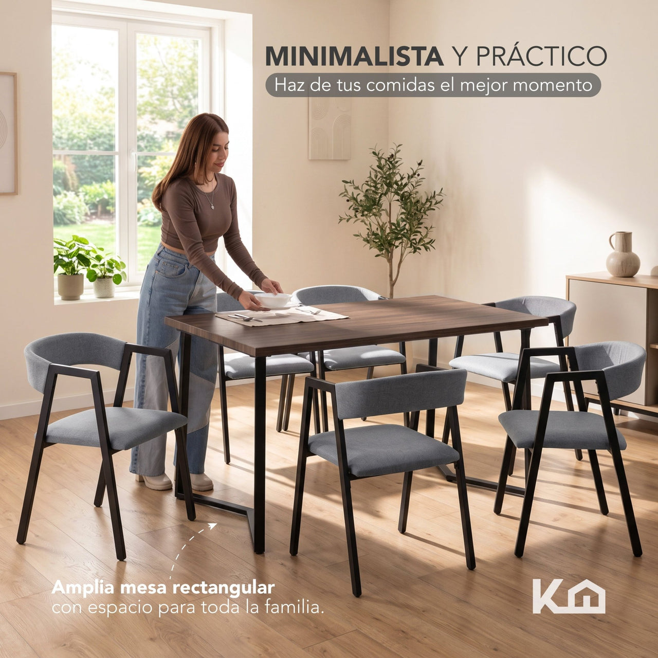 Juego de Comedor 6 Sillas y Mesa Rectangular Madera Metal