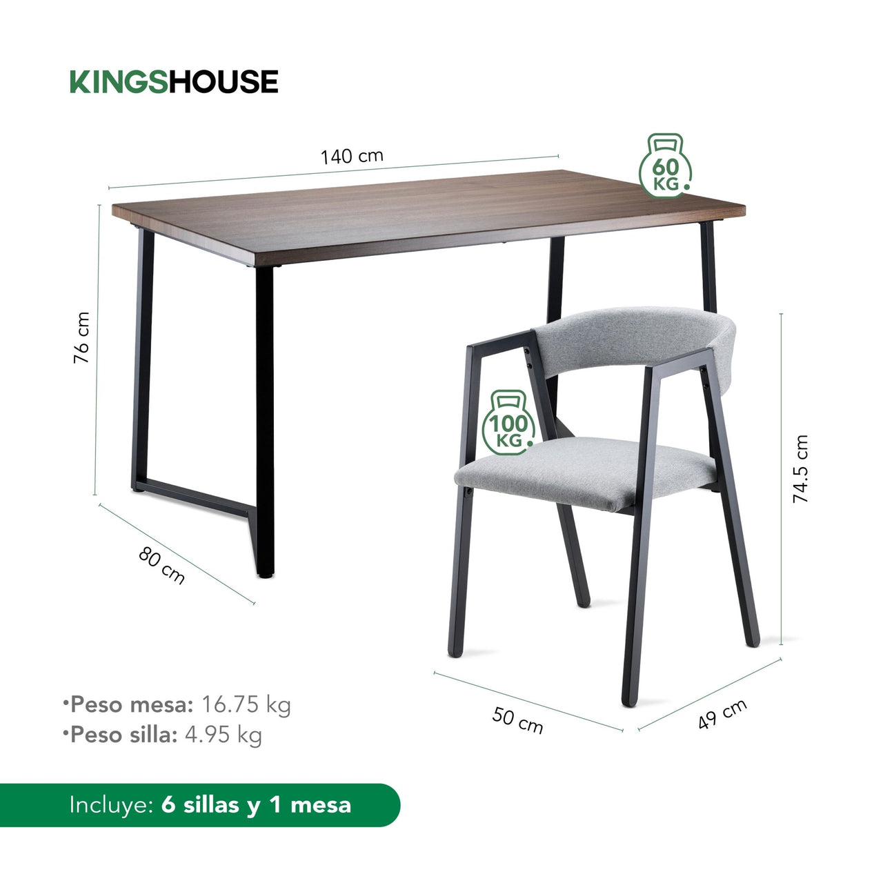 Juego de Comedor 6 Sillas y Mesa Rectangular Madera Metal