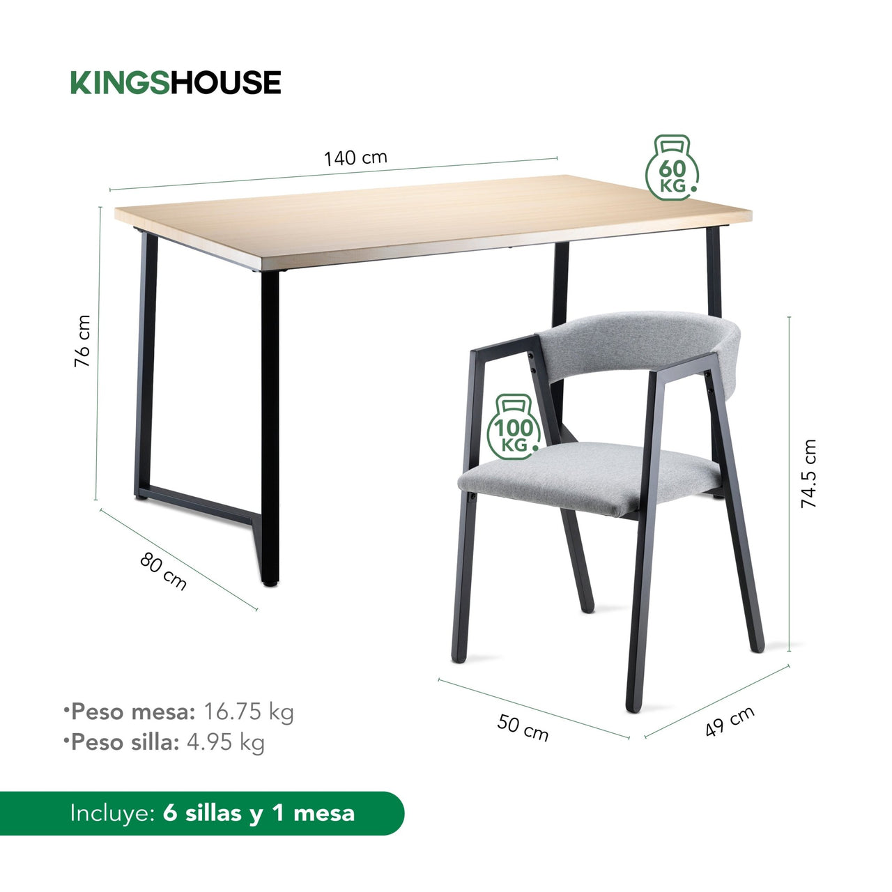 Juego de Comedor 6 Sillas y Mesa Rectangular Madera Metal