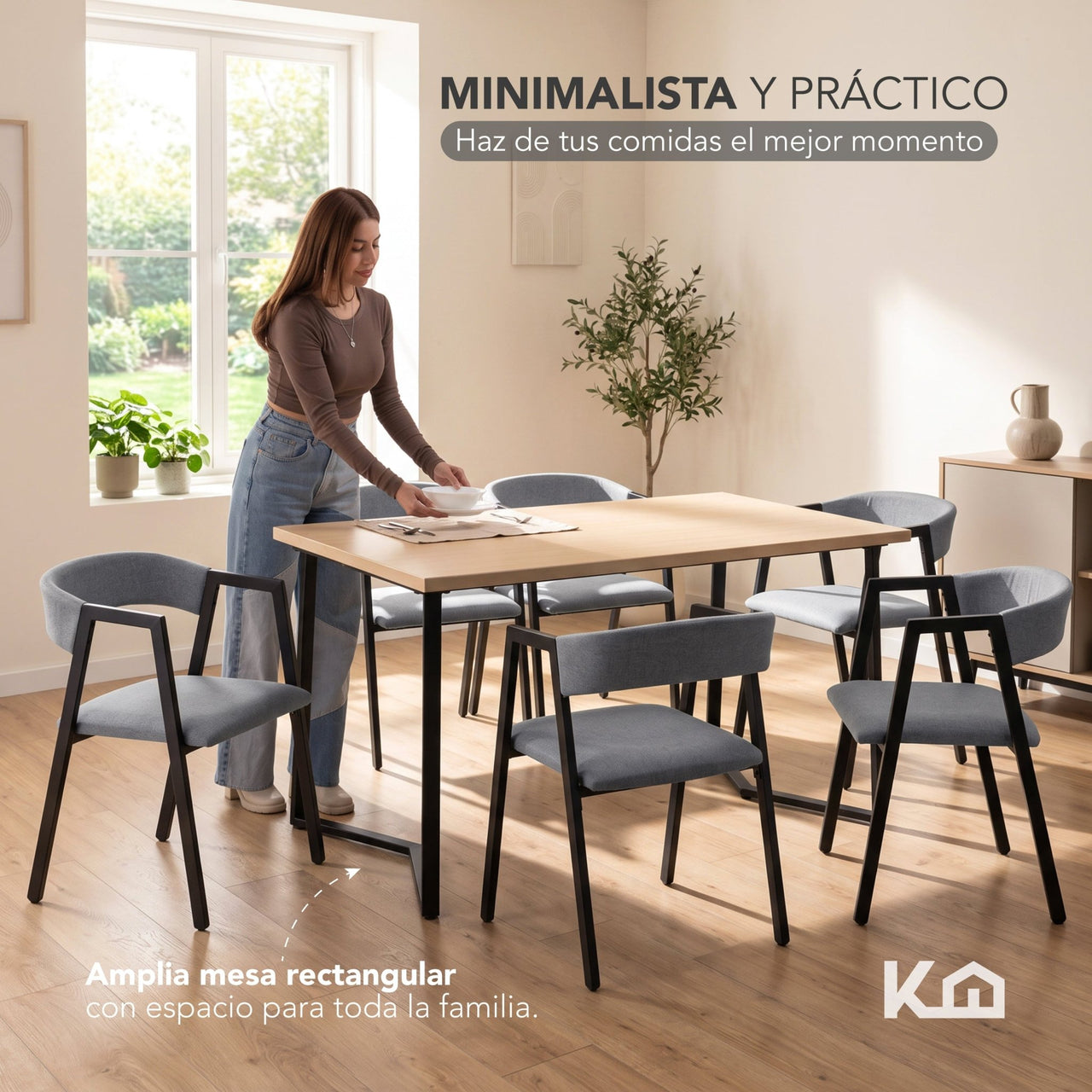 Juego de Comedor 6 Sillas y Mesa Rectangular Madera Metal