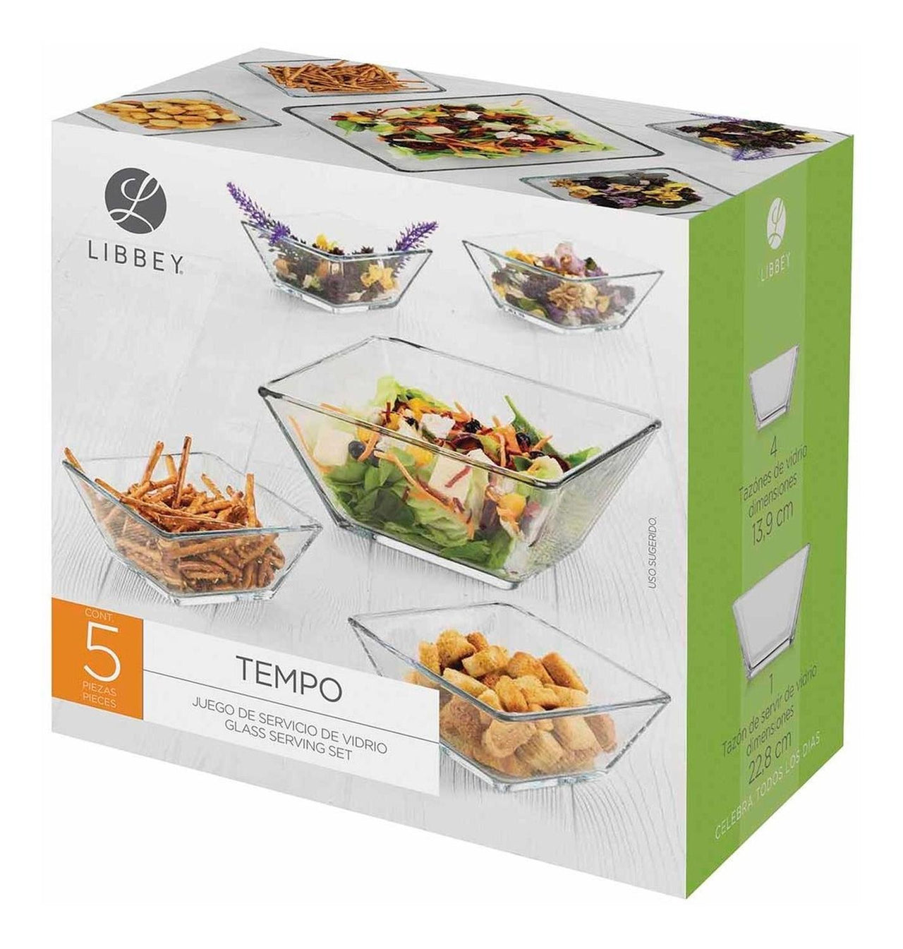 Juego Tazon Platon Bowl Ensaladera Tempo Vidrio 5 Pzs Libbey