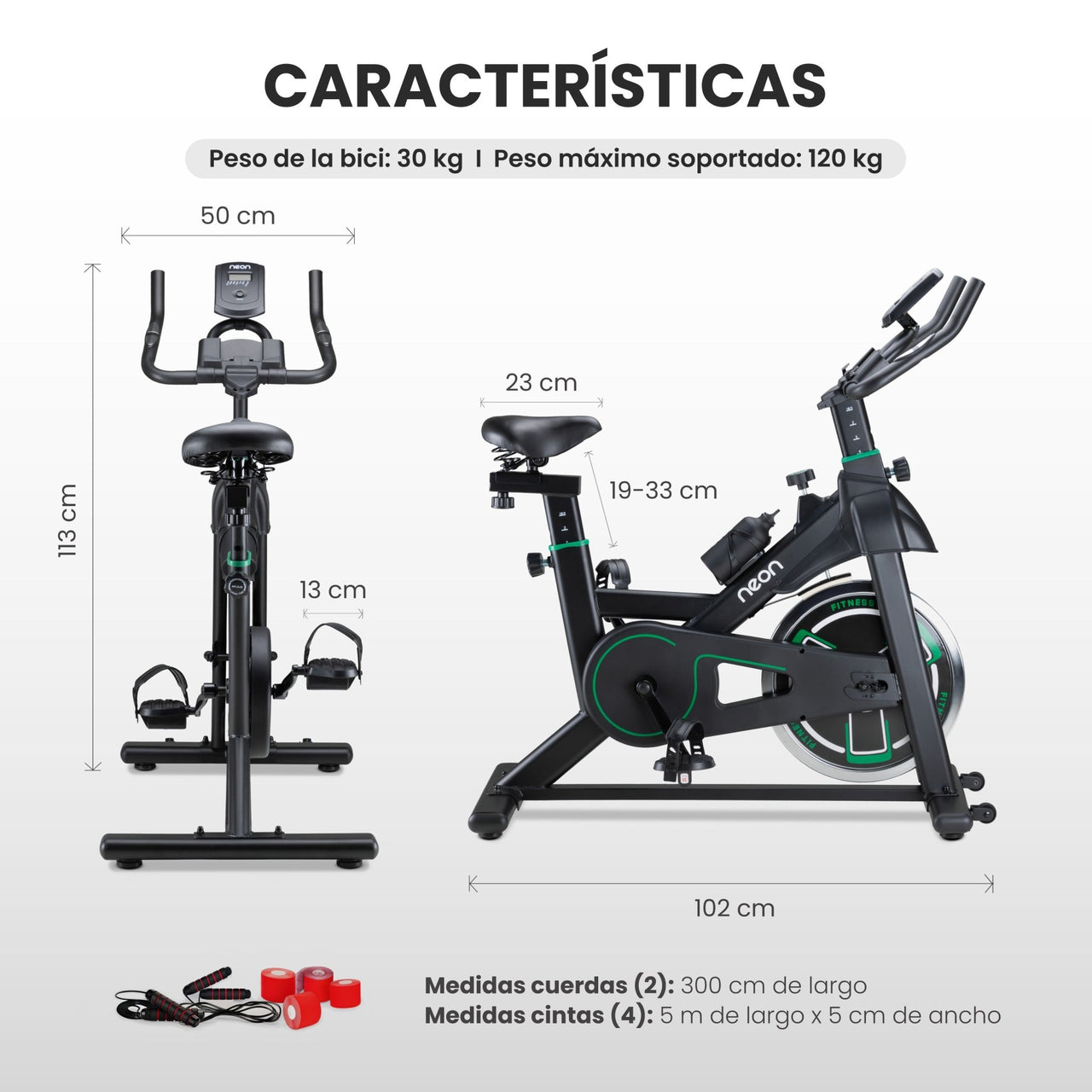 Kit Bicicleta Spinning + Cuerdas Saltar + Cintas Deportivas