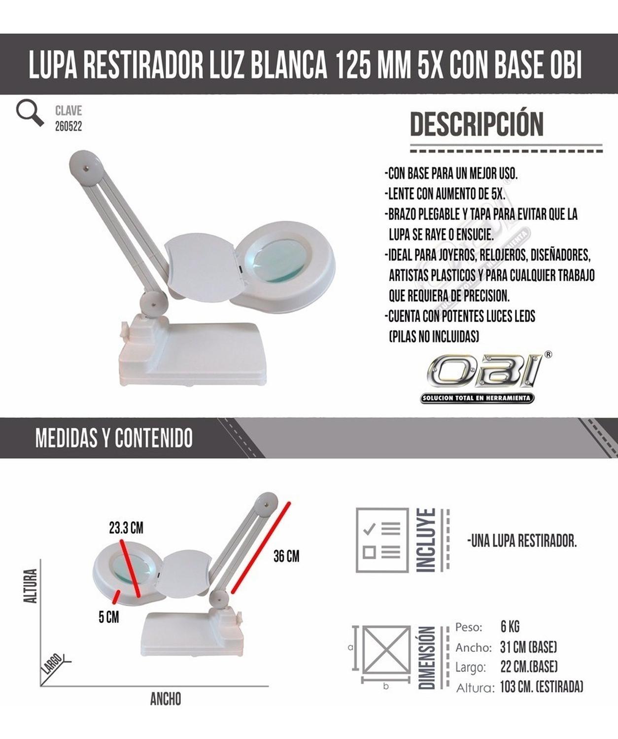Lupa Restirador Luz Blanca 125 Mm 5x Con Base 110v Obi