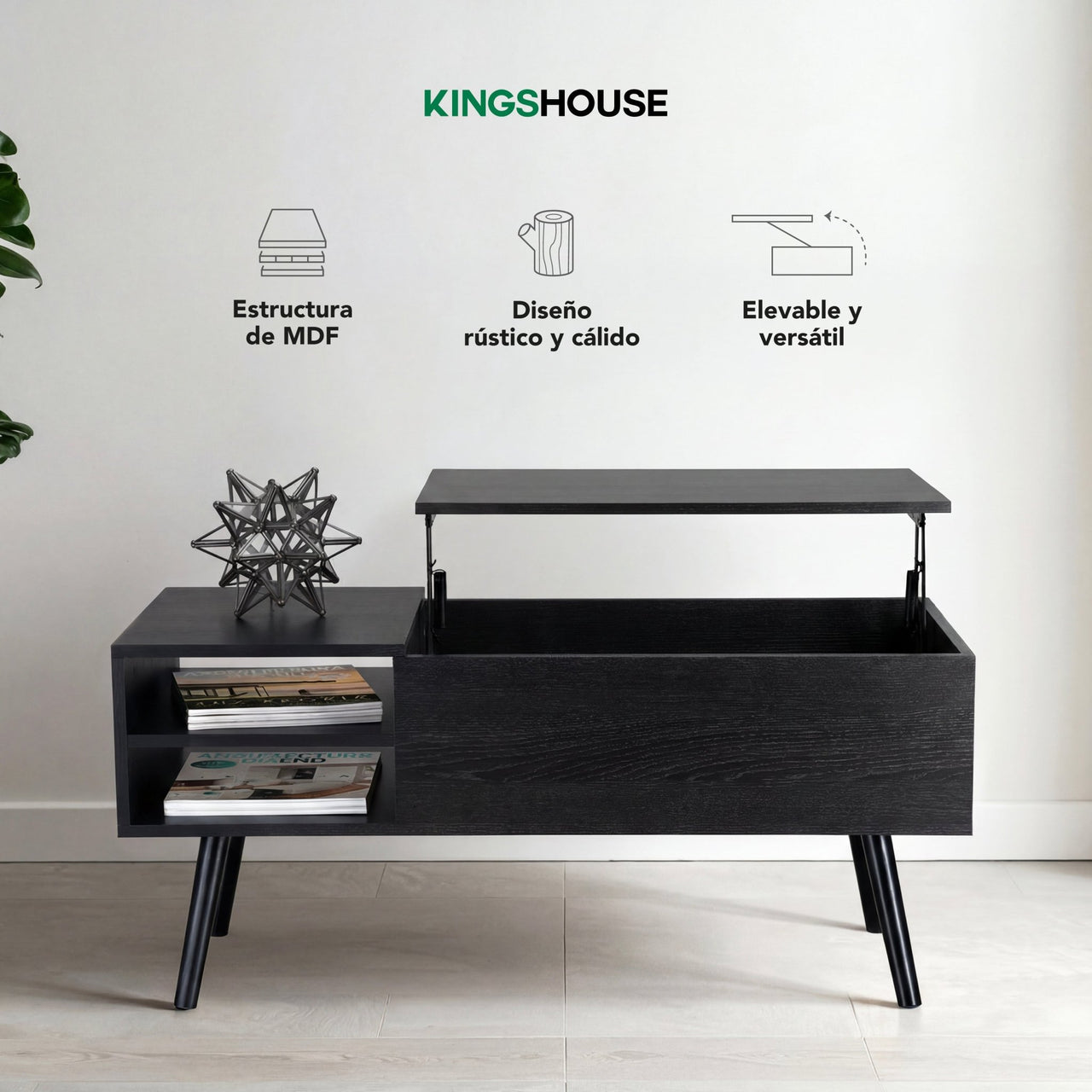 Mesa de Centro Elevable de Madera con Almacenamiento Oculto