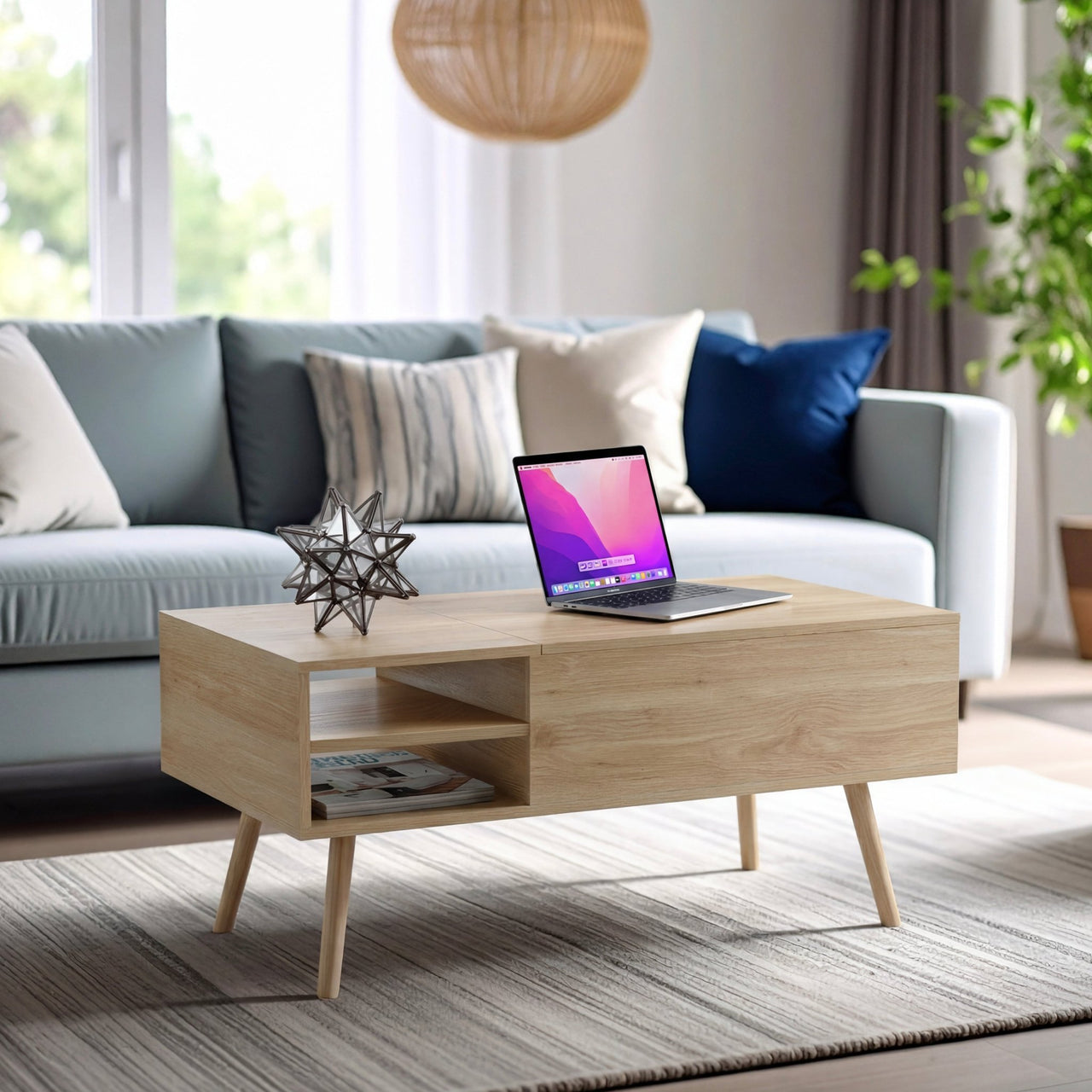 Mesa de Centro Elevable de Madera con Almacenamiento Oculto