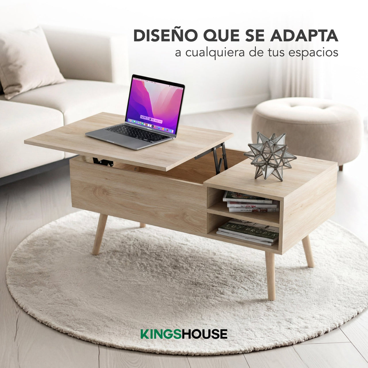 Mesa de Centro Elevable de Madera con Almacenamiento Oculto