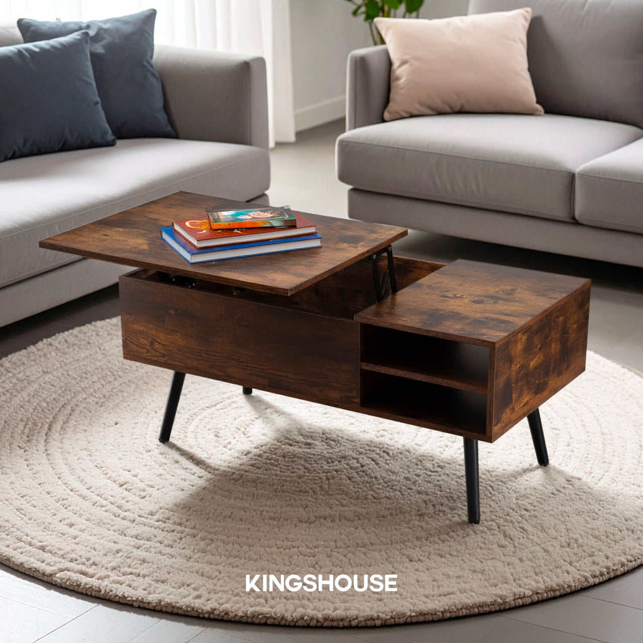 Mesa de Centro Elevable de Madera con Almacenamiento Oculto