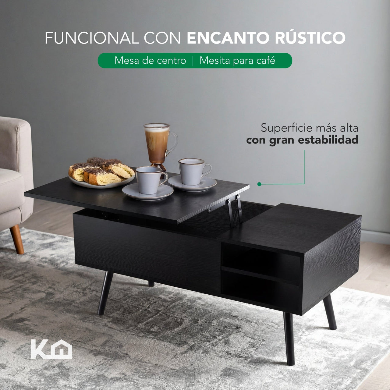 Mesa de Centro Elevable de Madera con Almacenamiento Oculto