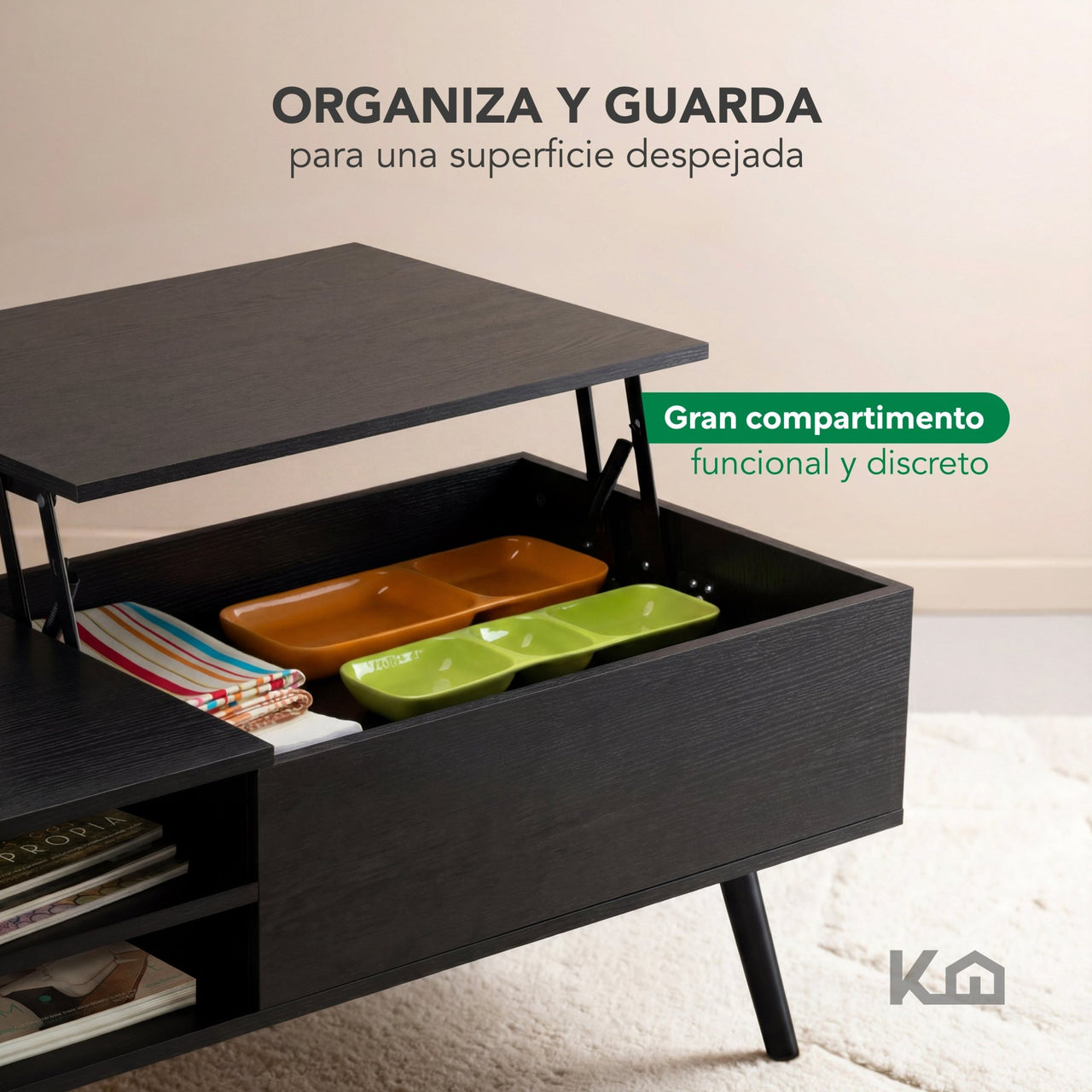 Mesa de Centro Elevable de Madera con Almacenamiento Oculto