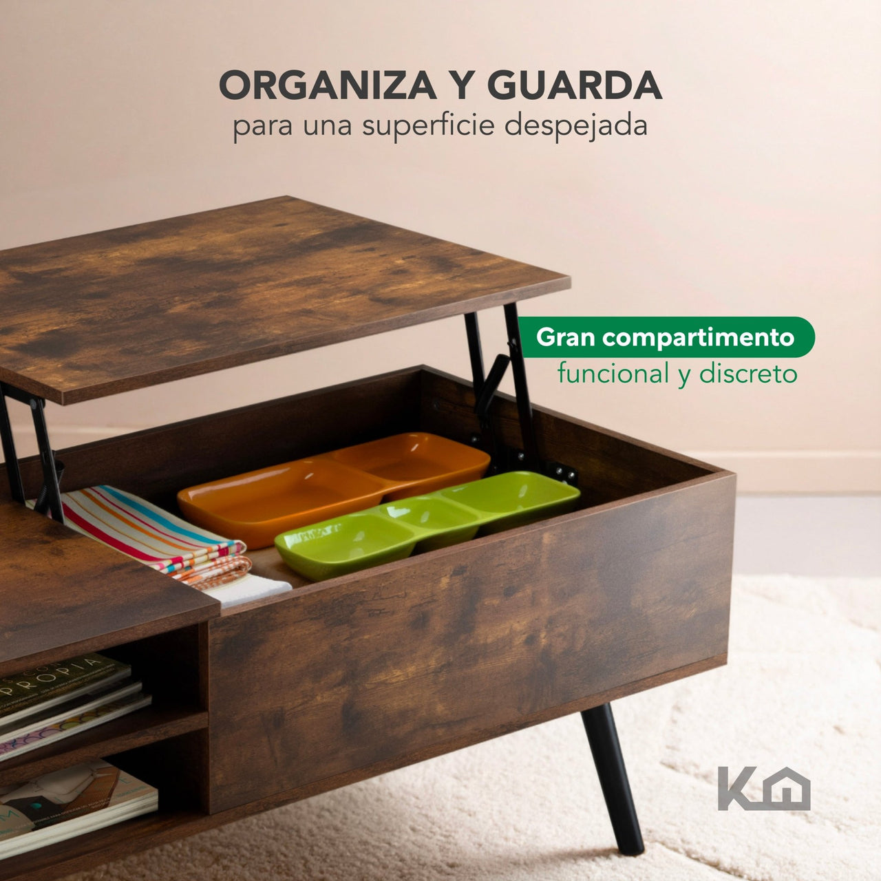 Mesa de Centro Elevable de Madera con Almacenamiento Oculto