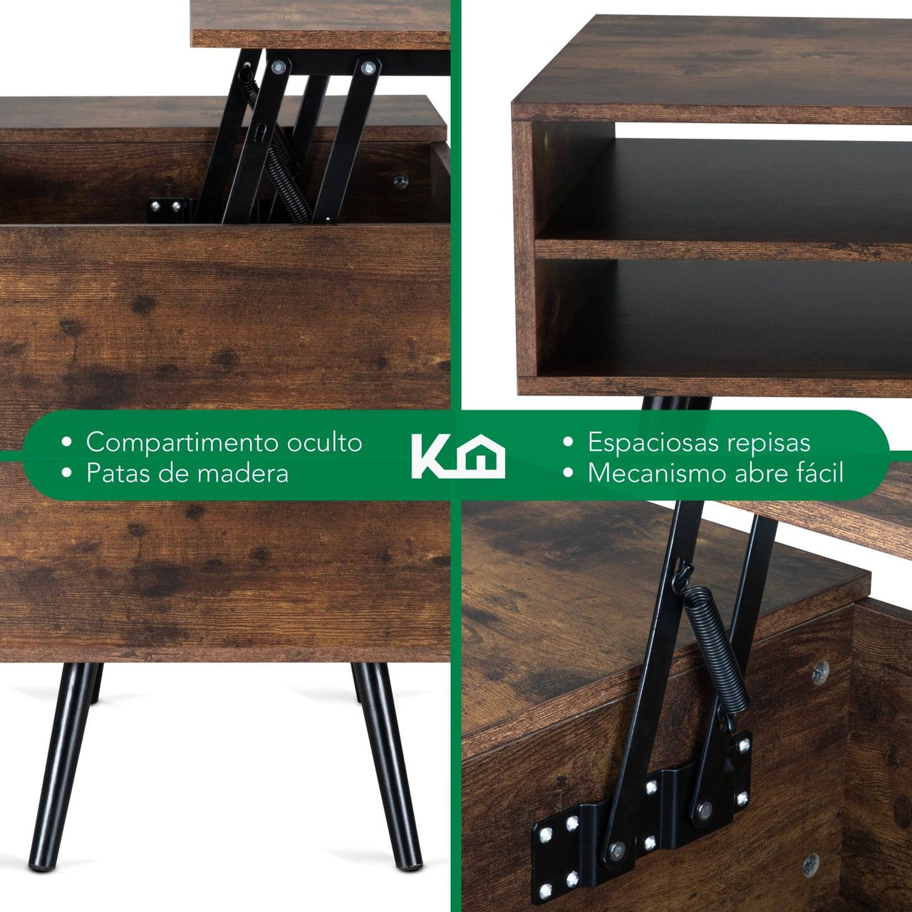 Mesa de Centro Elevable de Madera con Almacenamiento Oculto