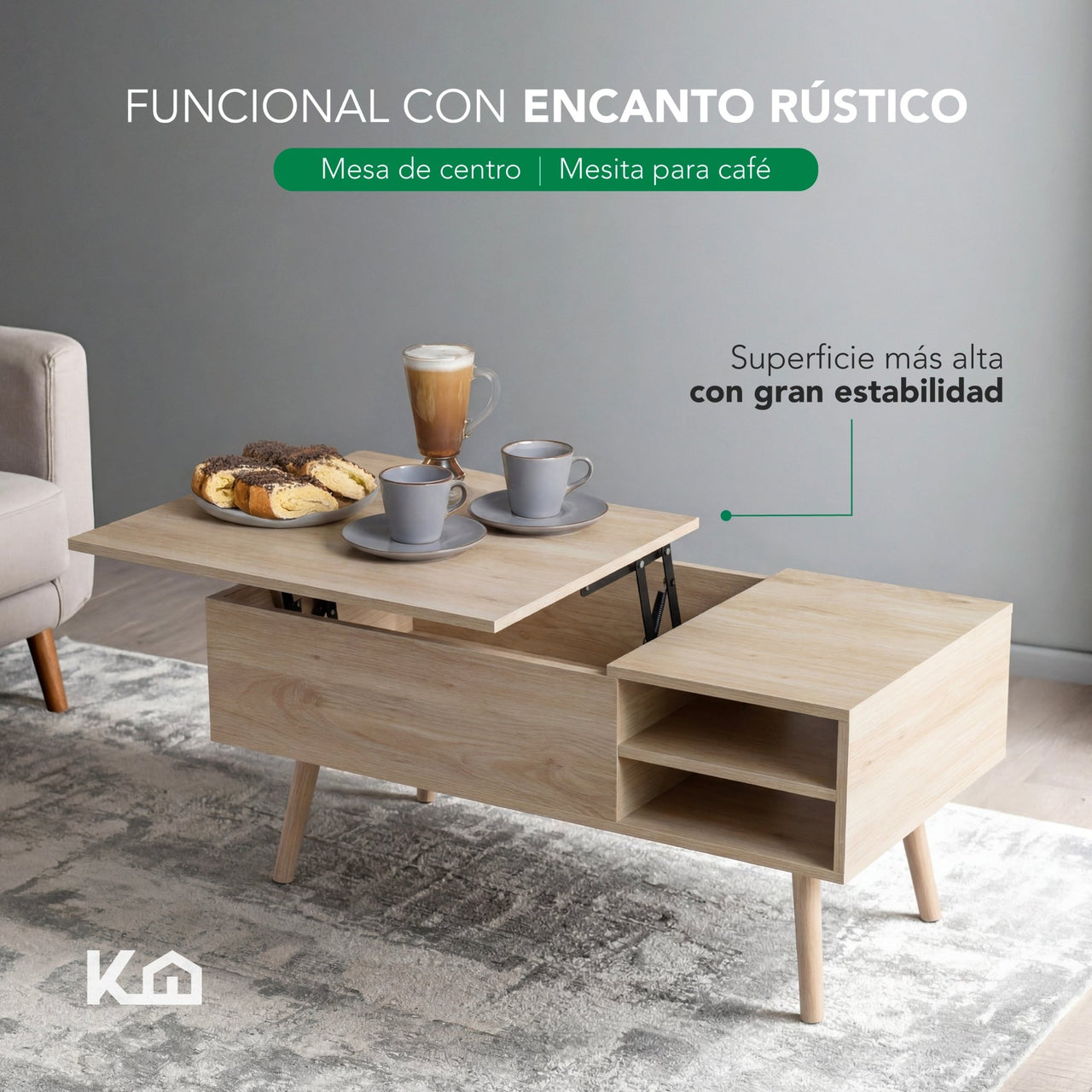 Mesa de Centro Elevable de Madera con Almacenamiento Oculto