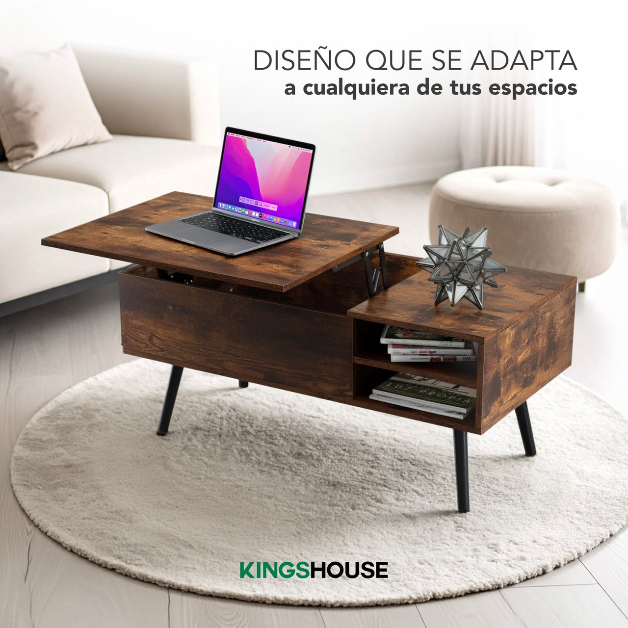 Mesa de Centro Elevable de Madera con Almacenamiento Oculto