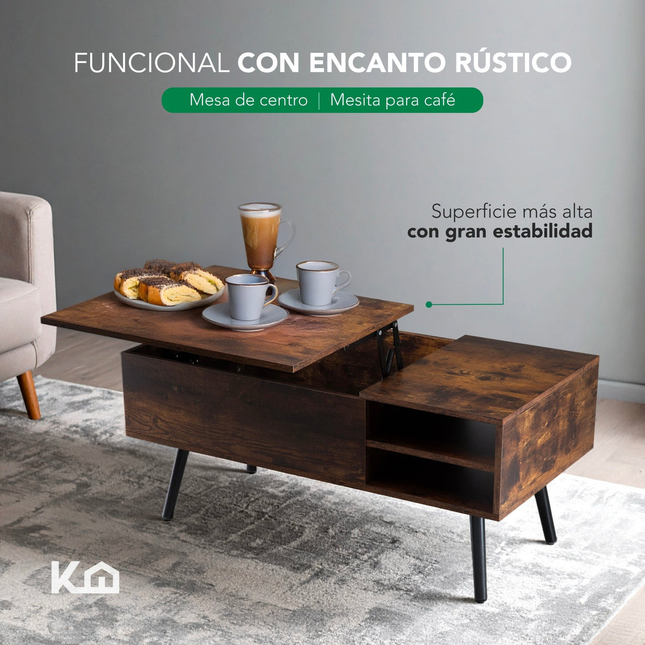 Mesa de Centro Elevable de Madera con Almacenamiento Oculto